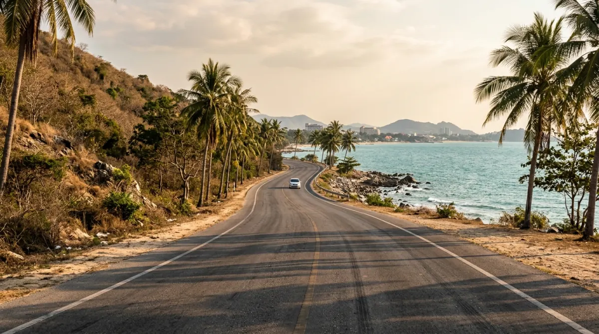 Coast road running south with sea on one side and hills on the other