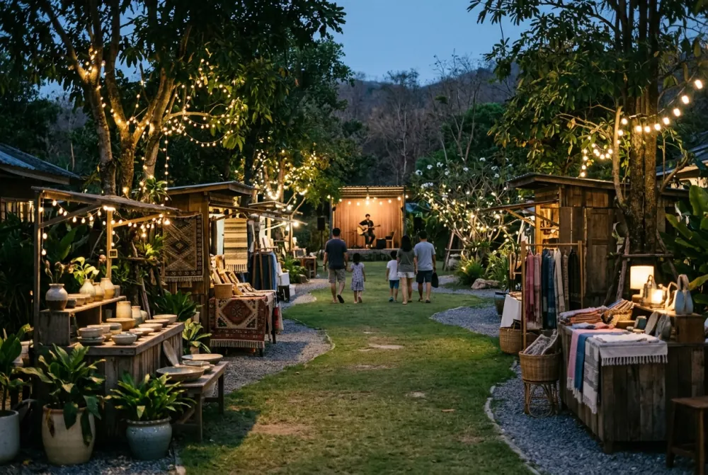 Open-air craft market stalls under trees strung with lights