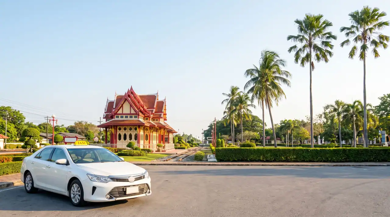 White taxi with a TAXI roof sign outside the royal waiting pavilion at Hua Hin railway station